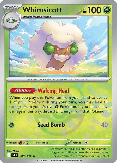 Prismatic Evolutions Whimsicott Pokémon card with Master Ball pattern, featuring vibrant prismatic artwork and detailed design.