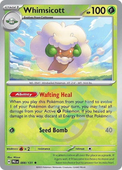 Prismatic Evolutions Pokémon Whimsicott card with Poke Ball pattern, showcasing vibrant artwork and detailed design.