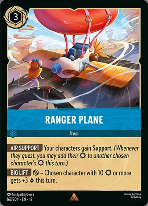 Disney Lorcana Ranger Plane Singles card featuring a detailed illustration of a ranger-themed aircraft design.