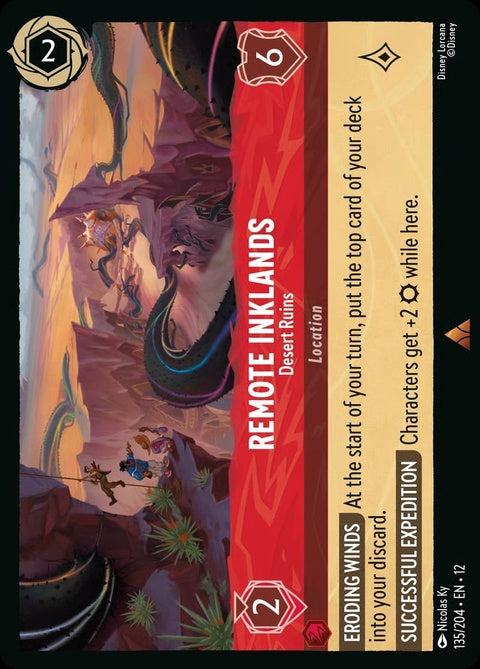 Disney Lorcana Remote Inklands Desert Ruins singles card featuring desert ruins artwork with vibrant colors and intricate details.