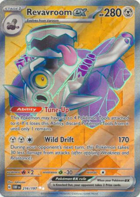 Revavroom EX 216/197 Full Art Pokémon card from Obsidian Flames set by KTM Collectibles UK, featuring vibrant full art design.