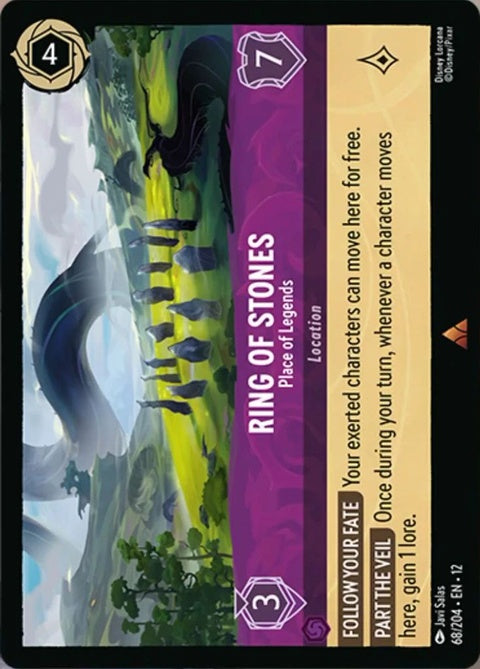 Disney Lorcana Ring Of Stones Place Of Legends 68 singles card featuring mystical stone design and vibrant artwork.