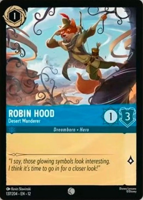 Disney Lorcana Robin Hood Desert Wanderer single card featuring Robin Hood in desert attire with detailed artwork.