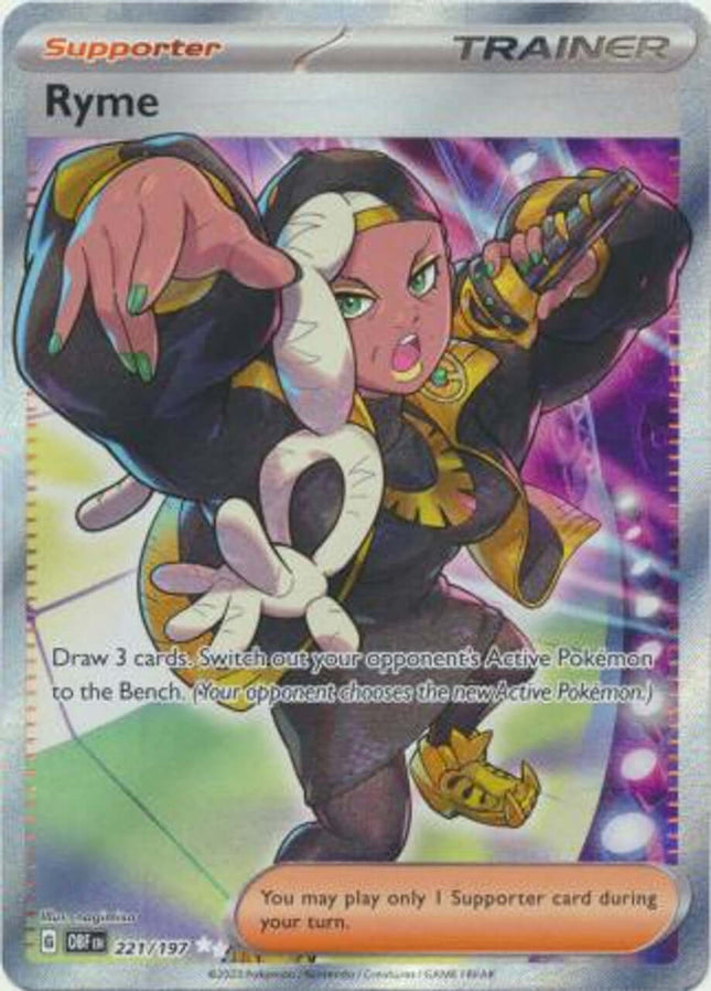 Full art Ryme 221/197 Pokémon card from Obsidian Flames set by KTM Collectibles, featuring vibrant artwork and detailed design.