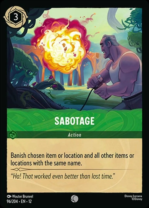 Disney Lorcana Sabotage (96) singles card featuring vibrant artwork and game details on a colorful background.