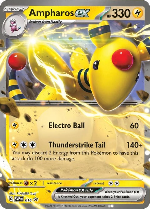 Pokémon Scarlet & Violet Black Star Promos Ampharos EX trading card, Pokémon Singles, vibrant illustration, shiny black border design