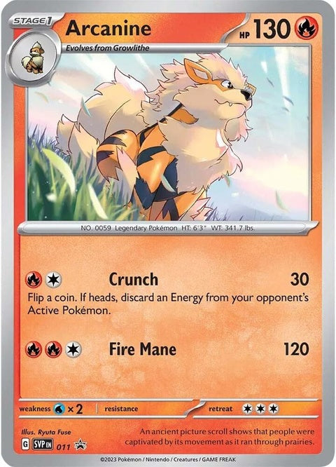 Pokémon Scarlet & Violet Black Star Promo Arcanine card, featuring detailed illustration and branding on a white background.