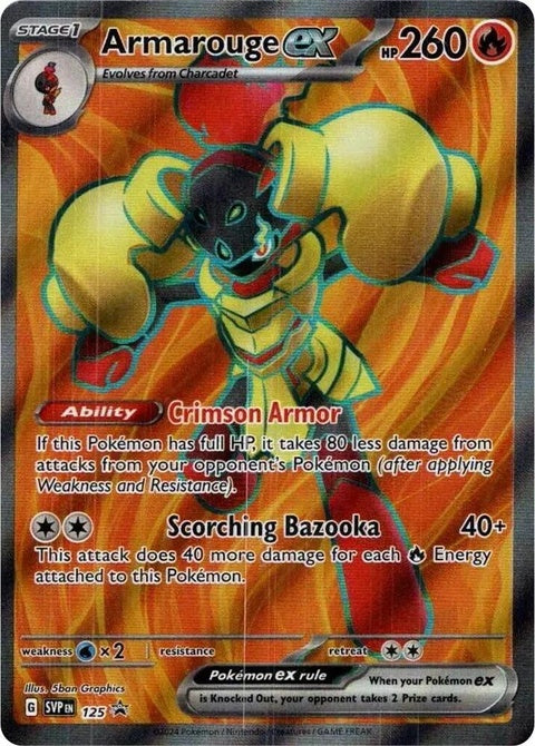 Pokémon Scarlet & Violet Black Star Promo Armarouge EX trading card, glossy image featuring Armarouge in a dynamic pose.