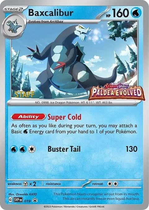 Pokémon Scarlet & Violet Black Star Promos Baxcalibur 19 prerelease staff card, featuring artwork of the Pokémon Baxcalibur.