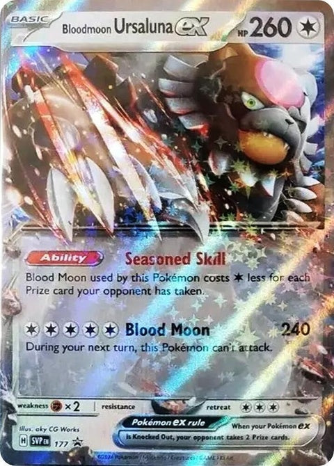 Pokémon Scarlet & Violet Black Star Promo Bloodmoon Ursaluna EX trading card, front view, detailed artwork, shiny holographic finish.