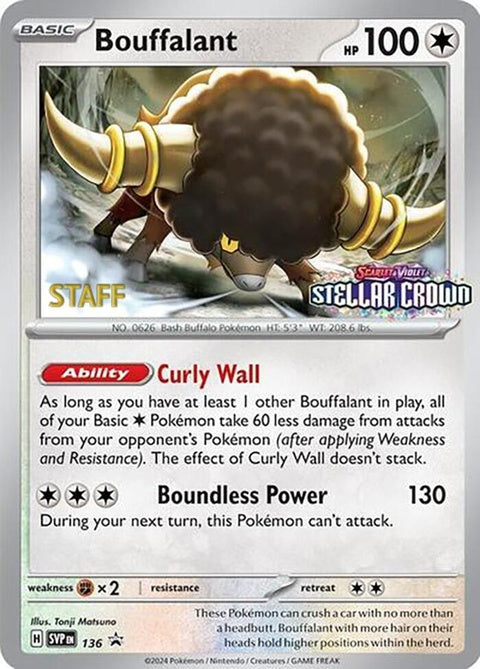 Pokémon Scarlet & Violet Black Star Promo Bouffalant card number 136 from prerelease singles collection, featuring colorful artwork.