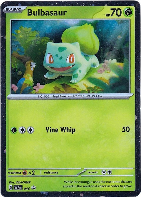 Pokémon Scarlet & Violet Black Star Promo Bulbasaur card 46 with cosmos holo finish, featuring a detailed illustration of Bulbasaur.