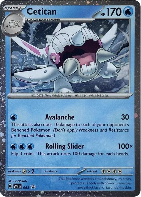 Pokémon Scarlet & Violet Black Star Promo card featuring Cetitan with Cosmos Holo finish, numbered 63, in a singles Pokémon card image.