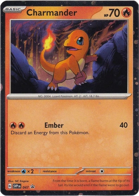 Pokémon Scarlet & Violet Black Star Promo Charmander 47 Cosmos Holo card, featuring a holographic Charmander illustration.