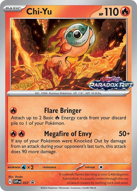 Pokémon Scarlet & Violet Black Star Promo Chi-Yu card, prerelease staff edition, featuring detailed artwork and bold design.