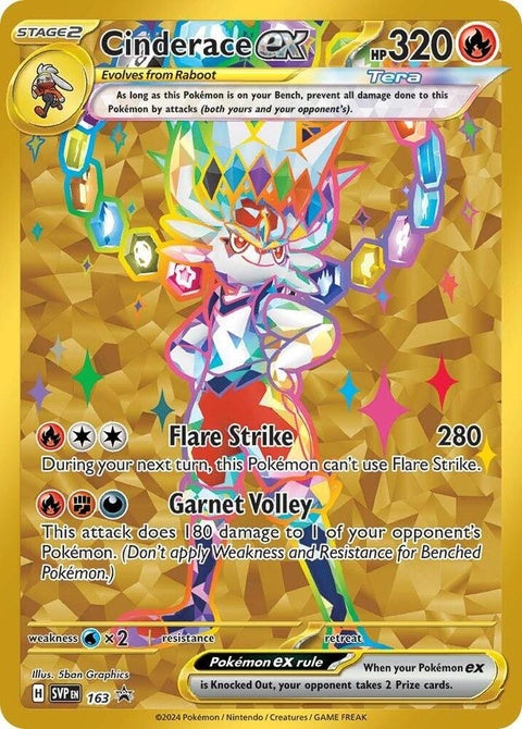 Pokémon Scarlet & Violet Black Star Promo Cinderace EX card featuring a dynamic illustration of the Pokémon on a vibrant background.