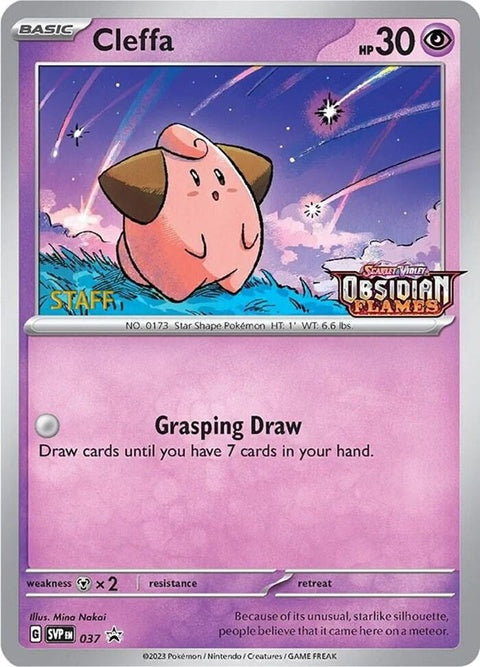 Pokemon Scarlet & Violet Black Star Promo Cleffa card, prerelease staff edition, single trading card with colorful artwork.