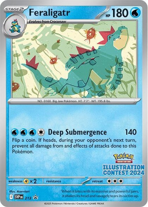 Pokémon Scarlet & Violet Black Star Promo Feraligatr card, numbered 213, featuring detailed illustration for the 2024 Illustration Contest.