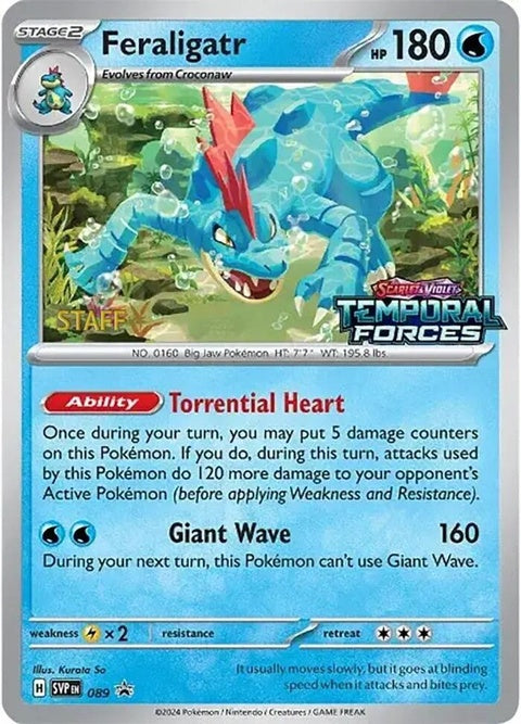Pokémon Scarlet & Violet Black Star Promo Feraligatr card, prerelease staff edition, featuring detailed artwork and branding.