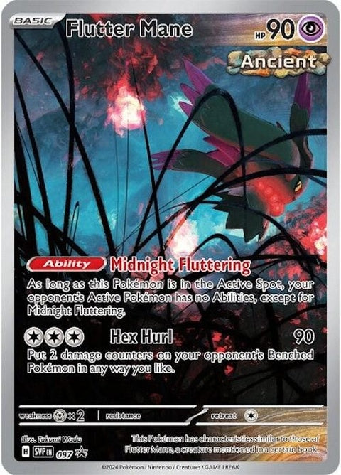 Pokémon Scarlet & Violet Black Star Promo Flutter Mane card, featuring artwork of the Ghost and Fairy type Pokémon.