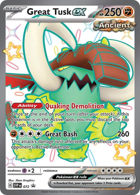 Pokémon Scarlet & Violet Black Star Promo card featuring Great Tusk Ex, shiny illustrated Pokémon card with vibrant artwork.