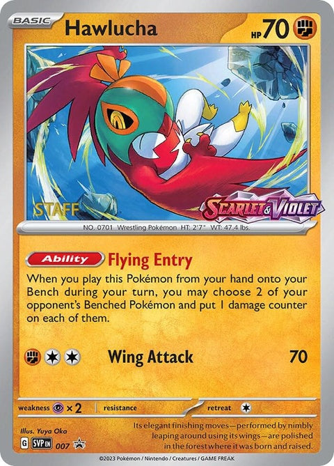 Pokémon Scarlet & Violet Black Star Promos Hawlucha card, prerelease staff edition, featuring detailed artwork and branding.