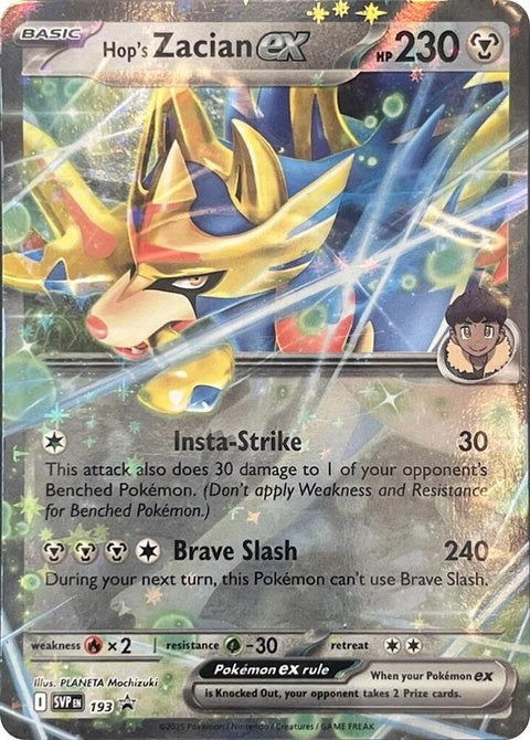 Pokémon Scarlet & Violet Black Star Promo Hop's Zacian Ex card from SVP193, featuring vibrant artwork and detailed graphics.