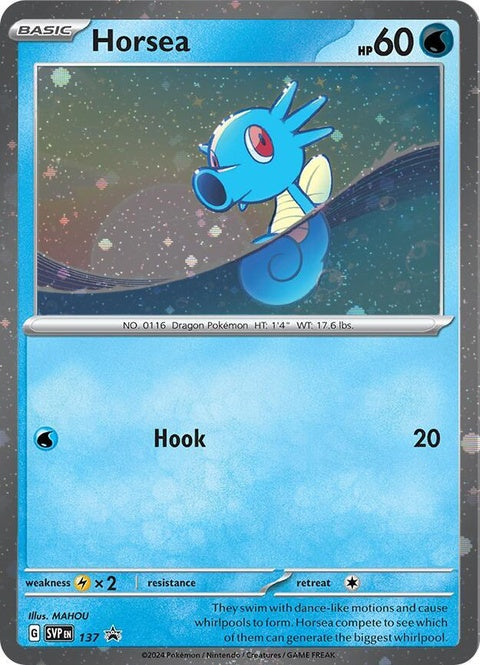 Pokémon Scarlet & Violet Black Star Promo Horsea 137 Cosmo Holo card, featuring detailed illustration and holographic design.
