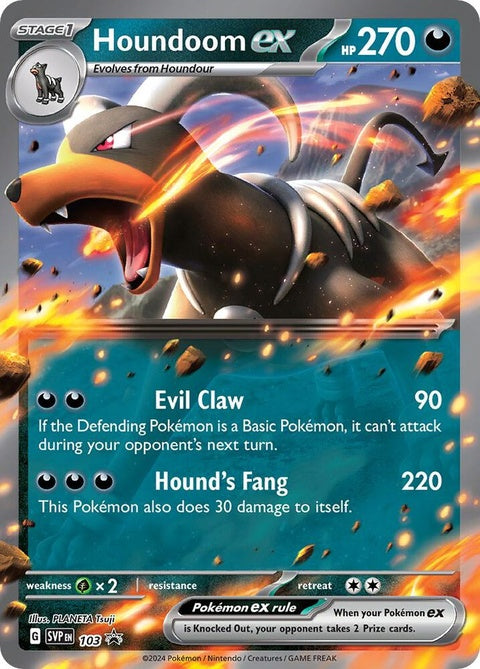 Pokémon Scarlet & Violet Black Star Promo Houndoom EX card featuring Houndoom illustration and branding on a white background.