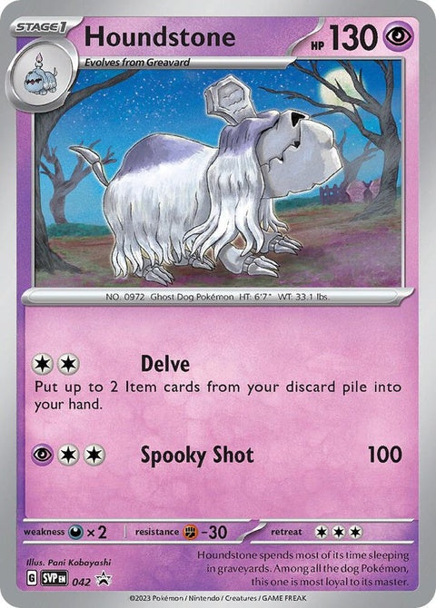 Pokémon Scarlet & Violet Black Star Promo Houndstone card from Singles series, featuring detailed illustration of Houndstone.