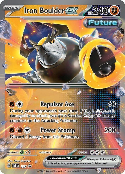 Pokémon Scarlet & Violet Black Star Promo Iron Boulder EX single card, featuring artwork of Iron Boulder in a Pokémon trading card.