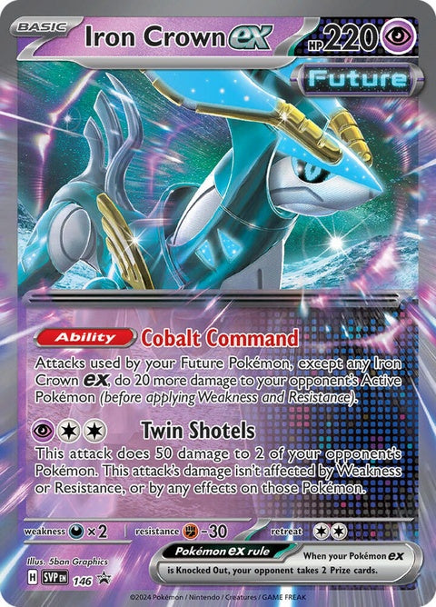 Pokémon Scarlet & Violet Black Star Promo Iron Crown EX card, featuring artwork of the Iron Crown Pokémon in vibrant colors.