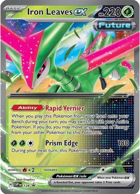 Pokémon Scarlet & Violet Black Star Promo Iron Leaves EX card, featuring detailed artwork and branding for the trading card game.