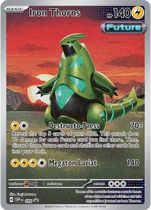 Pokémon Scarlet & Violet Black Star Promo Iron Thorns 98 card, showcasing detailed artwork and branding on a Pokémon trading card.