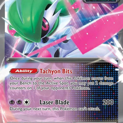 Pokémon Scarlet & Violet Black Star Promo Iron Valiant EX trading card, featuring detailed artwork of Iron Valiant Pokémon.
