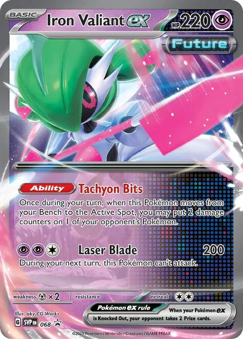 Pokémon Scarlet & Violet Black Star Promo Iron Valiant EX trading card, featuring detailed artwork of Iron Valiant Pokémon.