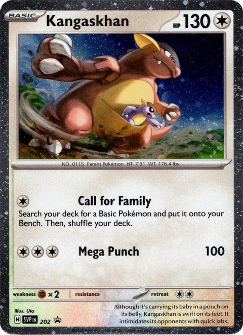 Pokémon Scarlet & Violet Black Star Promo Kangaskhan card 202 with Cosmos Holo finish, featuring detailed artwork on a single card