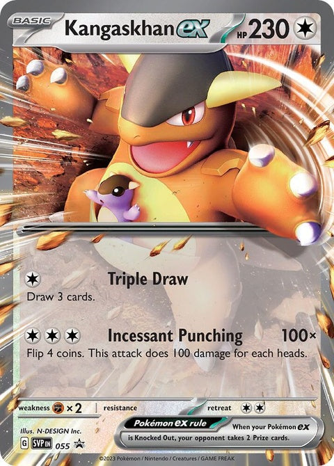Pokémon Scarlet & Violet Black Star Promo Kangaskhan EX card featuring artwork of Kangaskhan in a dynamic pose.