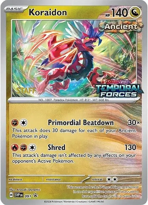 Pokémon Scarlet & Violet Black Star Promo Koraidon card, 91, Prerelease, Staff Edition from Pokémon singles collection.