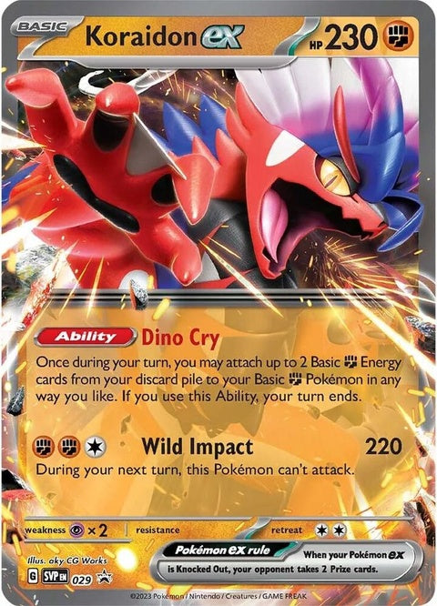 Pokémon Scarlet & Violet Black Star Promo Koraidon EX card from the singles collection, featuring detailed artwork of the Pokémon.