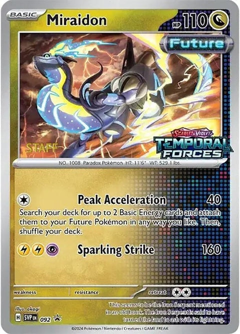 Pokémon Scarlet & Violet Black Star Promo Miraidon 92 prerelease staff card, featuring detailed artwork of the electric dragon.