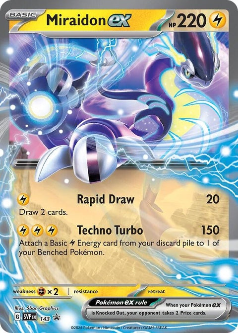 Pokémon Scarlet & Violet Black Star Promo Miraidon EX card, showcasing vibrant artwork and detailed design.