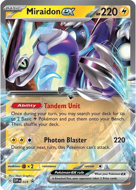 Pokémon Scarlet & Violet Black Star Promo Miraidon EX card, featuring vibrant artwork and detailed design from the Singles series.