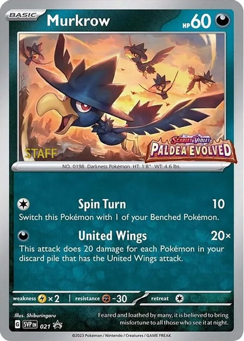 Pokémon Scarlet & Violet Black Star Promo Murkrow card number 21, Prerelease Staff edition, featuring a black star promo design.
