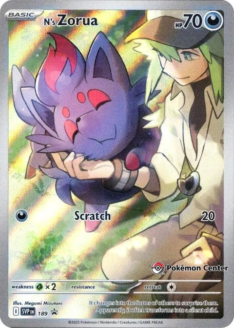 Pokémon Scarlet & Violet Black Star Promo N's Zorua card, Pokémon Center exclusive, featuring detailed illustration of Zorua.