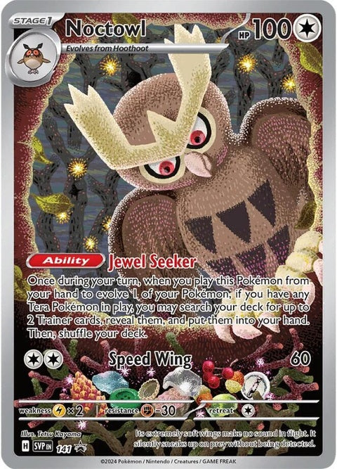 Pokémon Scarlet & Violet Black Star Promo Noctowl card, front view showcasing artwork and card details.