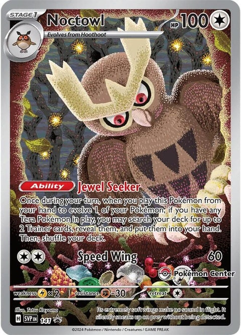 Pokémon Scarlet & Violet Black Star Promo Noctowl card, Pokémon Center exclusive, featuring detailed artwork of the Noctowl Pokémon.