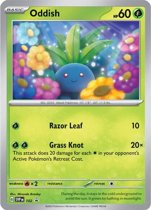 Pokémon Scarlet & Violet Black Star Promo card featuring Oddish, numbered 102, with vibrant artwork and detailed character illustration.