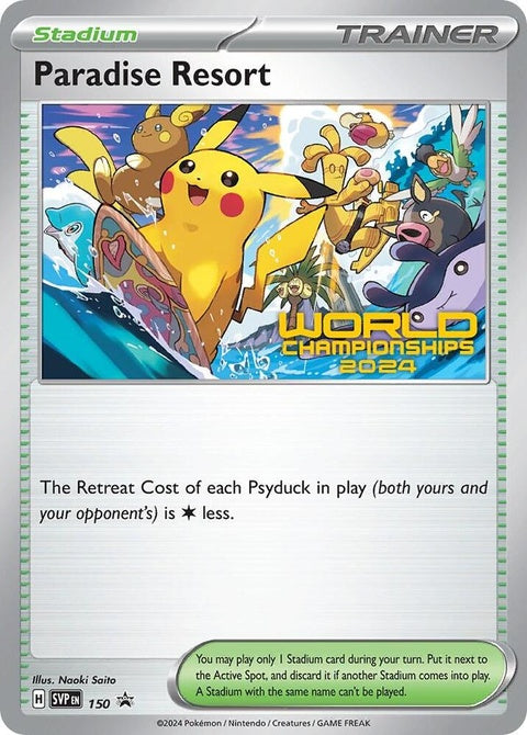 Pokémon Scarlet & Violet Black Star Promo card Paradise Resort 150 from World Championships 2024, featuring vibrant artwork and branding.