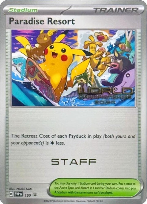 Pokémon Scarlet & Violet Black Star Promo card Paradise Resort 150 from World Championships 2024, staff edition, featuring vibrant artwork.